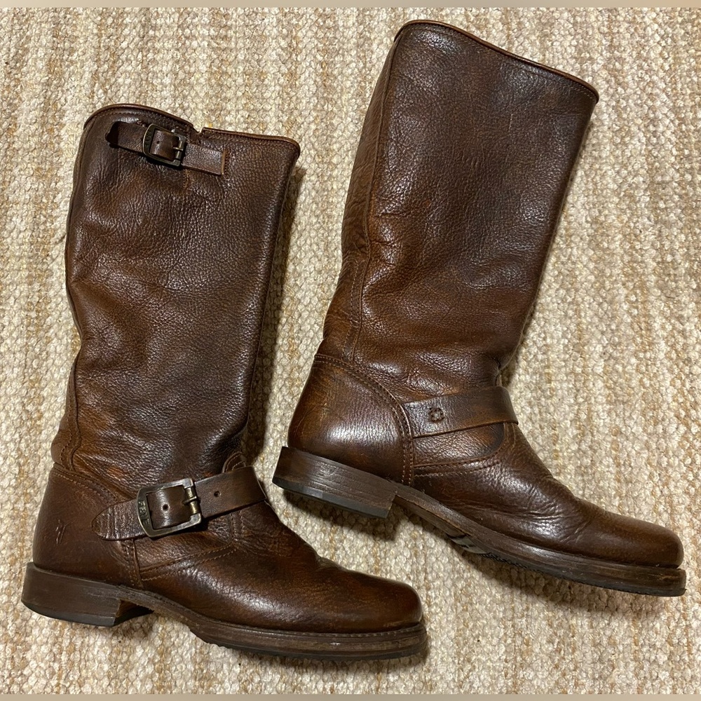 Frye Brown Leather Mid-Calf Combat Moto Boots